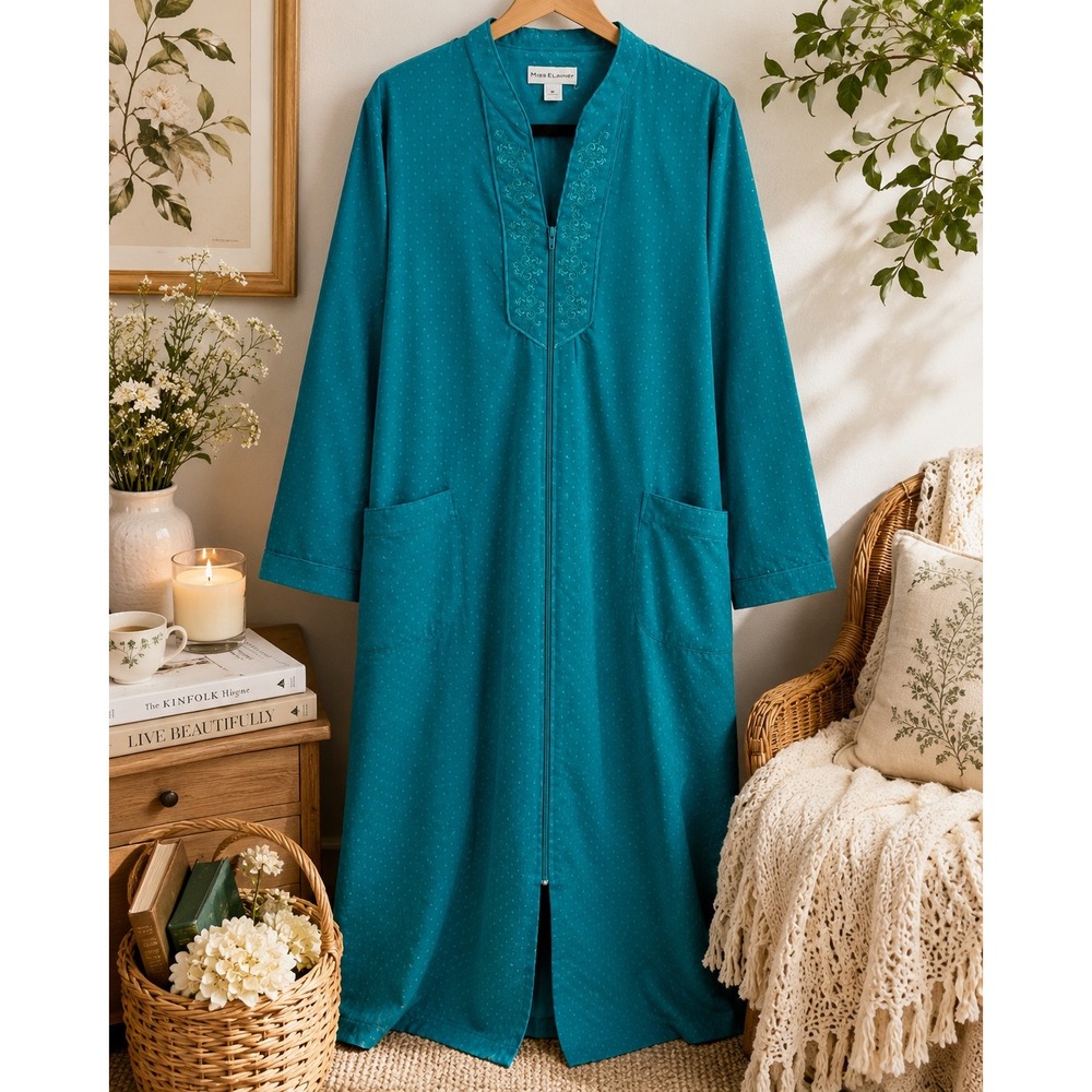 Miss Elaine Womens M Teal Blue Zip Front Robe Floral Embroidery Housecoat Lounge